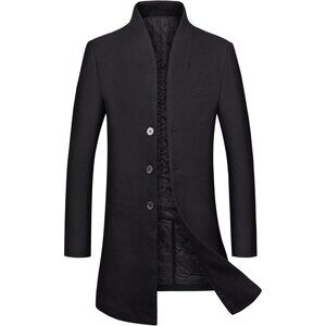🆕 Men Black Wool Trench Coat Slim Fit Winter Durable Soft Breasted Two Buttons